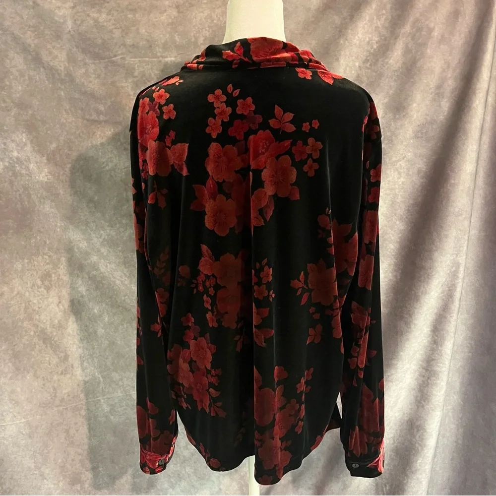 Sag Harbor Floral Velvet Button-Up Shirt Shiny Vintage Retro Party XL - Picture 8 of 16